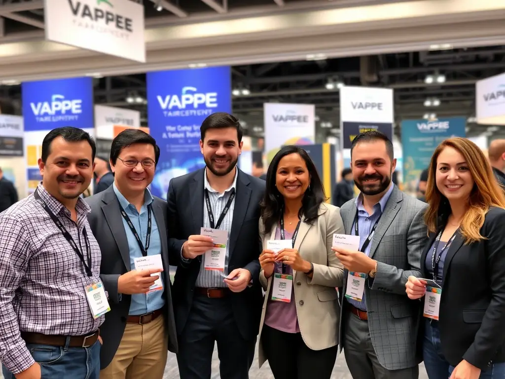 A group of vape industry professionals networking at a Vape Factory Show event, highlighting the importance of connections and partnerships.
