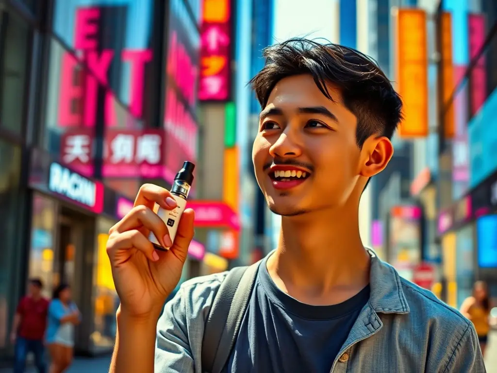 A lifestyle shot of a person using a leak-proof disposable vape in a social setting, highlighting its convenience and portability. The background is a vibrant, modern urban environment.