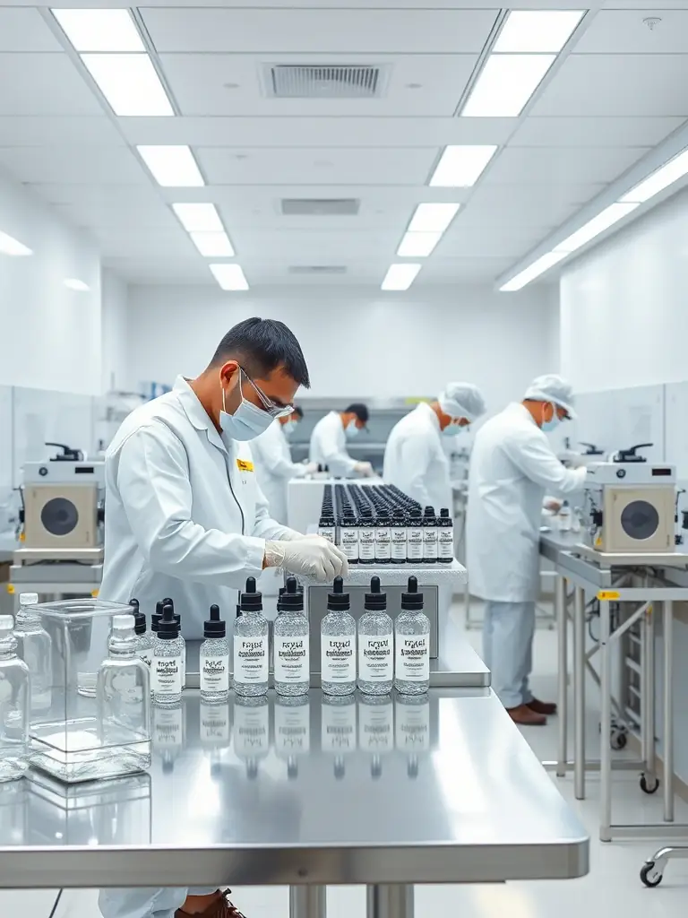 A photo of a cleanroom environment where e-liquids are being mixed and bottled, emphasizing the quality control and safety measures in place.