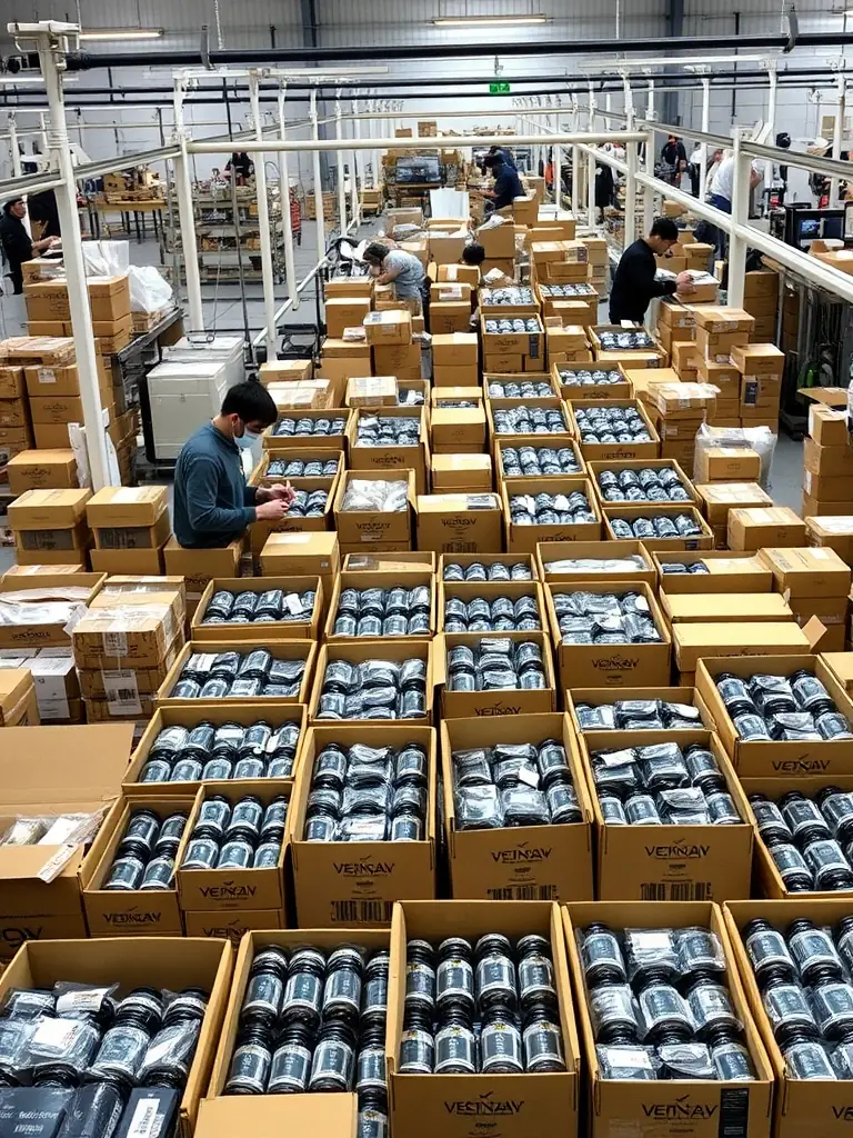 A high-quality photograph of a modern vape manufacturing facility, showcasing advanced machinery and a clean, organized workspace. The image should convey innovation and precision.