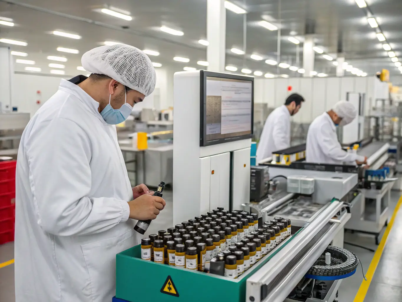 A modern vape factory interior with advanced machinery and quality control processes, emphasizing cleanliness and technological advancement.